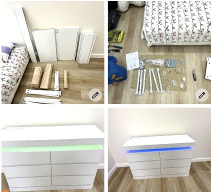Various furniture parts and tools arranged, with a completed dresser featuring LED lights.