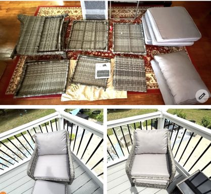 Outdoor chair assembly components including cushions and woven frame parts on a patterned rug.