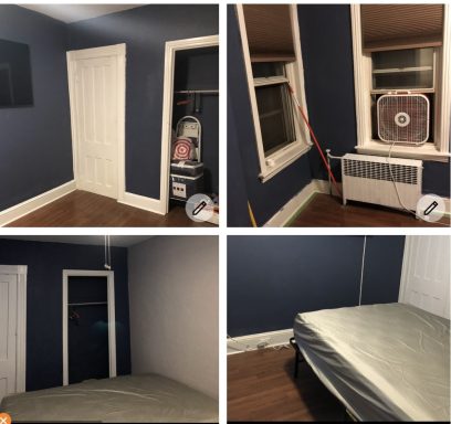 Four views of a room with blue walls, a bed, closet, and a window with a fan.